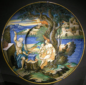 Ngv, francesco xanto avelli (attr.), piatto con venere, vulcano e cupido, 1528 circa.JPG