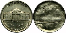 A reverse brockage on an American five cent piece, showing a mirror image of Monticello pressed into the obverse. NickelError4.jpg