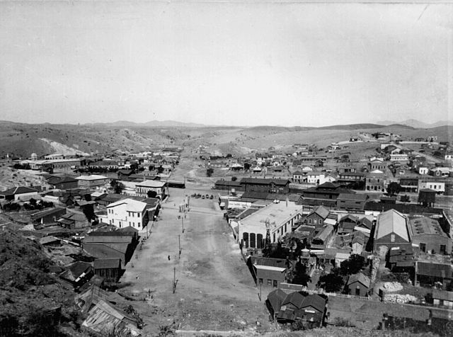 View of border in Nogales c. 1899. Arizona is on the left and Sonora is on the right.