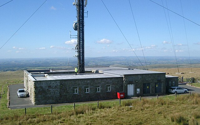 A guyed mast transmitter building