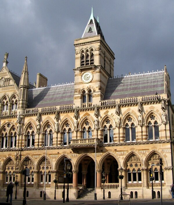 Northampton Guildhall, built 1861–64, displays Godwin's "Ruskinian Gothic" style