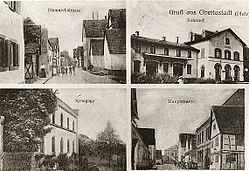 Ansichtskarte mit der Synagoge (links unten) in Oberlustadt (um 1920)