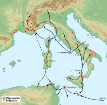 Obsidian trade in prehistory. The Monte Arci (province of Oristano) was one of the most important sources of this material in the western Mediterranean region Obsidian diffusion Mediterranean map.svg