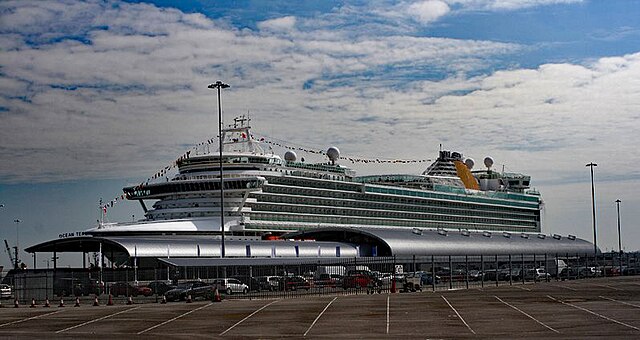 The Ocean Cruise Terminal at berth 46 with the P&O cruise ship Azura alongside