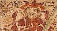 Les deux corbeaux Hugin et Munin sur les épaules d'Odin dans une illustration du XVIIIe siècle.