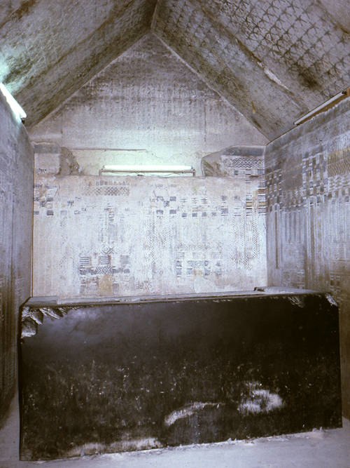 Black greywacke sarcophagus in the funerary chamber of Unas' pyramid