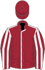 Maroon, white seams, striped sleeves, maroon cap