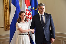 Finnish Prime Minister Sanna Marin met with the Prime Minister of Croatia Andrej Plenkovic in 2022 Paaministeri Sanna Marin ja paaministeri Andrej Plenkovic (52162159317).jpg