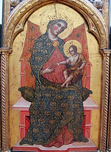 Virgin Mary and Child, central panel of a polyptych, Louvre Museum, 1354. Paolo veneziano, madonna col bambino e santi, 1354, 03.JPG