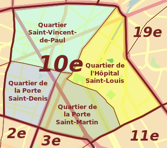 De fyra administrativa distrikten i Paris tionde arrondissement.