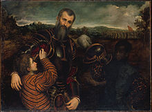На картине маслом изображен мужчина в частично доспехах, которому помогают два мальчика, один из которых привязывает доспехи к его руке, а другой держит шлем.  На заднем плане собралась группа солдат.