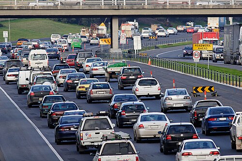 Traffic slows to a crawl on the Monash Freeway in Melbourne, Australia through peak hour traffic.