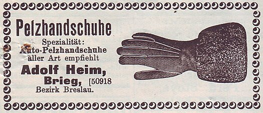 Inserat „Pelzhandschuhe“, Firma Adolf Heim in Brieg (1916)