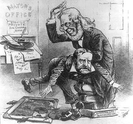 1879 Puck cartoon shows Cooper spanking his son Mayor Edward Cooper