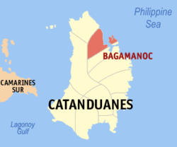 Mapa ng Catanduanes na nagpapakita sa lokasyon ng Bagamanoc.