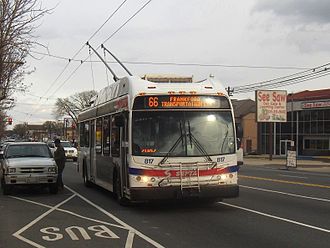SEPTA trackless trolley on Frankford Avenue in Philadelphia in 2010 Philadelphia E40LFR trolleybus 817.jpg