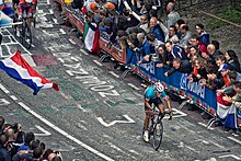 Philippe Gilbert (BMC), attacking on the Cauberg to win the 2012 world championships road race Philippe Gilbert, 2012 Road World Championships, Cauberg.jpg