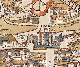 Porte Saint'Antoine och La Bastille på Truschets och Hoyaus karta över Paris från år 1552.