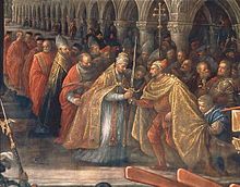 A doge of Venice receiving a sword from a pope, as painted by Francesco Bassano in 1592 Pope giving a Blessed Sword to a Doge of Venice.JPG