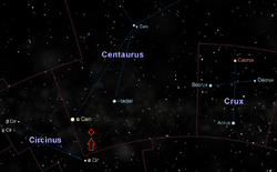 Proxima Centauris läge, makerad med röd fyrkant och pil