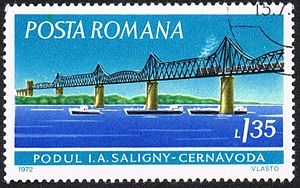 Romanian postage stamp showing the Anghel Saligny Bridge