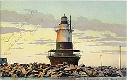 Sperry Breakwater Lighthouse as seen in a 1901-1907 era postcard. The light was built in 1899, then torn down in 1933 and replaced by a skeleton tower.