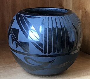 Puebloan: Maria Martinez, Black-on-black ceramic vessel