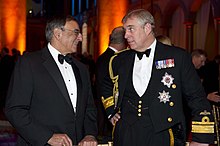 The Duke of York with the US Secretary of Defense Leon Panetta commemorating the 100th anniversary of Naval Aviation at the National Building Museum in 2011 Prince Andrew and Leon E. Panetta.jpg