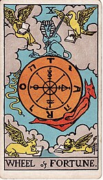 Wheel of Fortune (X) from the Rider-Waite tarot deck RWS Tarot 10 Wheel of Fortune.jpg