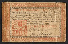 A 8s Pennsylvania note issued in 1777. Recto Pennsylvania 8 shillings 1777 urn-3 HBS.Baker.AC 1104452.jpeg