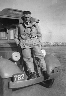 Hyde wearing a flying suit during his service on Malta Reg Hyde, Malta, 1940.jpg