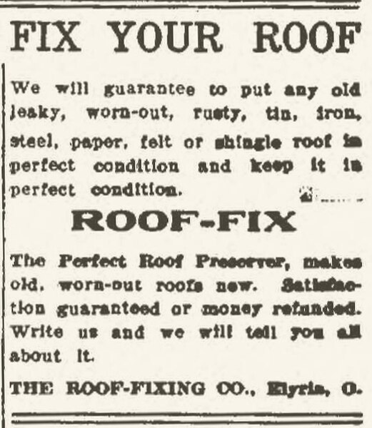 "Roof-Fix carried us to Elyria" wrote Sherwood Anderson's wife, Cornelia Lane, of the product her husband started a company to sell.