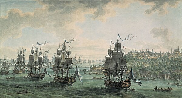 Russian fleet under the command of Admiral Fyodor Ushakov, sailing through the Bosphorus. By M. M. Ivanov