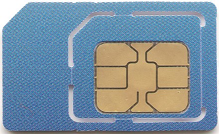 A typical SIM card (mini-SIM with a cutout to convert the card to micro-SIM size)