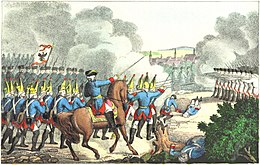 Гравюра Прусского и австрийская пехота в строю стреляют друг по другу в битве при Фрайберге 