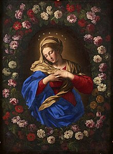 Our Lady in a Garland of Roses (mid-17th century) by Giovanni Battista Salvi da Sassoferrato, portraying the Madonna with both a crown of stars and a rose wreath Sassoferrato Our Lady in a garland of roses.jpg