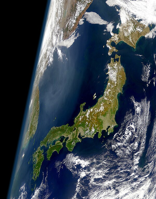 A satellite image of the main archipelago (Ryukyu Islands not pictured)