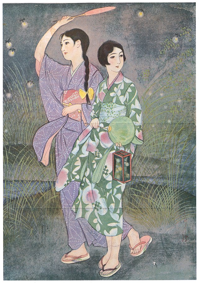 Peinture de deux jeunes femmes en kimono qui marches au bord d'un étang la nuit, entourées de lucioles.