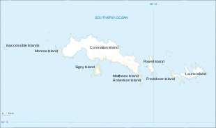 Outline map of a group of irregular-shaped islands the largest of which is labelled "Coronation Island". Laurie Island is shown at the eastern (right) end of the group.