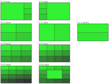 Various methods to display multiple signals on a 4:3 screen (diagram is 16:9): 1+3, 3+1 (1:1), 2x2, 3x3, 4x4 (4:3), 1+1 (2:3 vertical, 8:3 horizontal), 4x3 (1:1), 1 in 12 (4:3). Splitscreen 16-9.svg