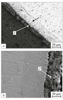 Structure of aluminized steel under a) light microscope and b) scanning electron microscope (SEM): 1) oxidative layer 2) aluminized layer 3) substrate Structure of Aluminized Steel.png