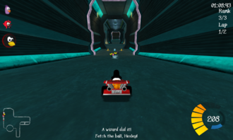 The SuperTuxKart HUD displays the character's speed, rank, time elapsed, and amount of nitro, while also displaying the map of the course in the lower-left corner. Supertuxkart-0.8.1-screenshot-6.png