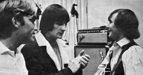 Producer Terry Melcher (left) in the recording studio with Gene Clark (center) and David Crosby (right). Melcher brought in session musicians to play 