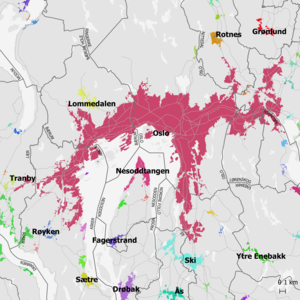 Landkarte mit dem Gebiet rund um den Oslofjord, in dem farbig verschiedene Orte eingezeichnet sind, wobei das sich weitgehend um den Oslofjord erstreckende Oslo klar die größte Fläche ist