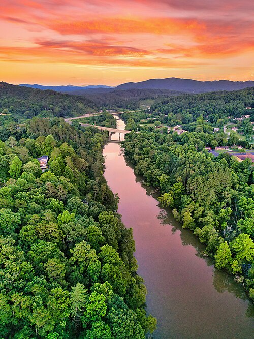 The Hiwassee River as it flows through Murphy, July 2022