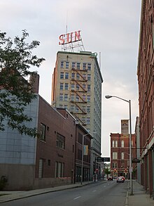 The Sun is the city's daily newspaper. The Lowell Sun building; Lowell, MA; south and east sides; 2011-08-20.JPG