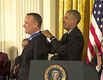 President Obama giving the Presidential Medal of Freedom to Hanks in 2016 Tom Hanks the Presidential Medal of Freedom 2016.jpg