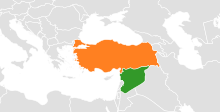 Turkey (orange) has been involved in the Syrian civil war since 2011 Turkey-syria.svg