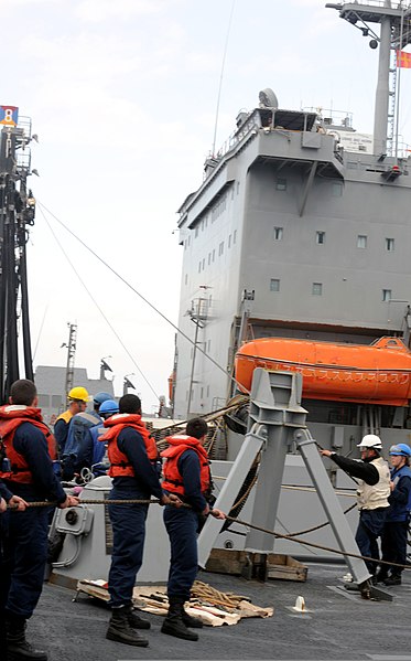 File:U.S. Sailors heave in a line aboard the guided missile destroyer USS Winston S. Churchill (DDG 81) during a replenishment at sea with the fleet replenishment oiler USNS Big Horn (T-AO 198) in the Atlantic Ocean 130326-N-YF306-345.jpg