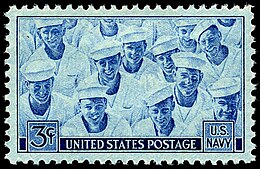 On Navy Day, October 27, 1945, the U.S. Post Office issued a commemorative stamp in honor of the Navy and the end of WW2 US Navy Issue, 3c, 1945.jpg